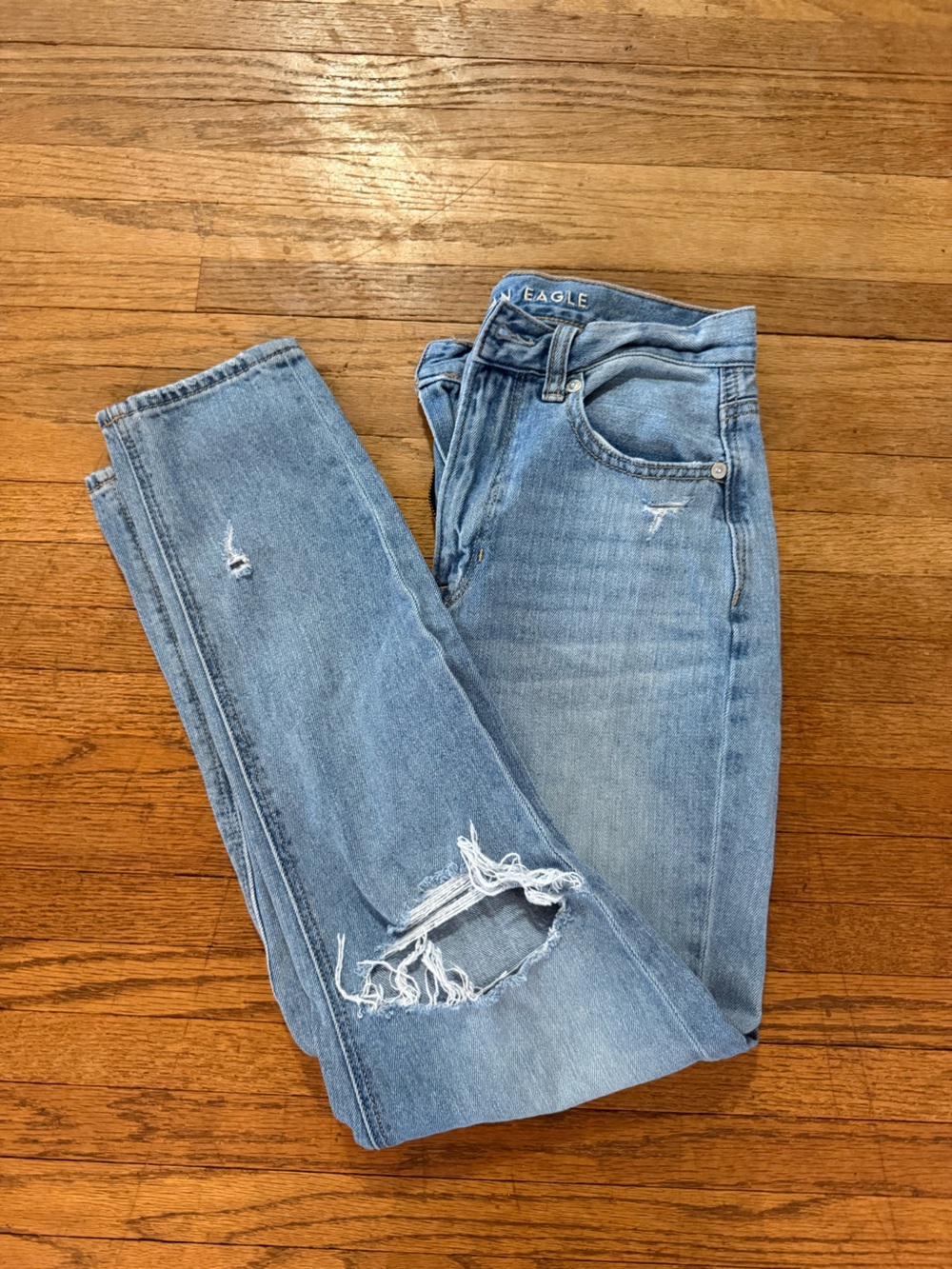 American Eagle Outfitters Light Wash Mom Jeans with Distressing - Size 2